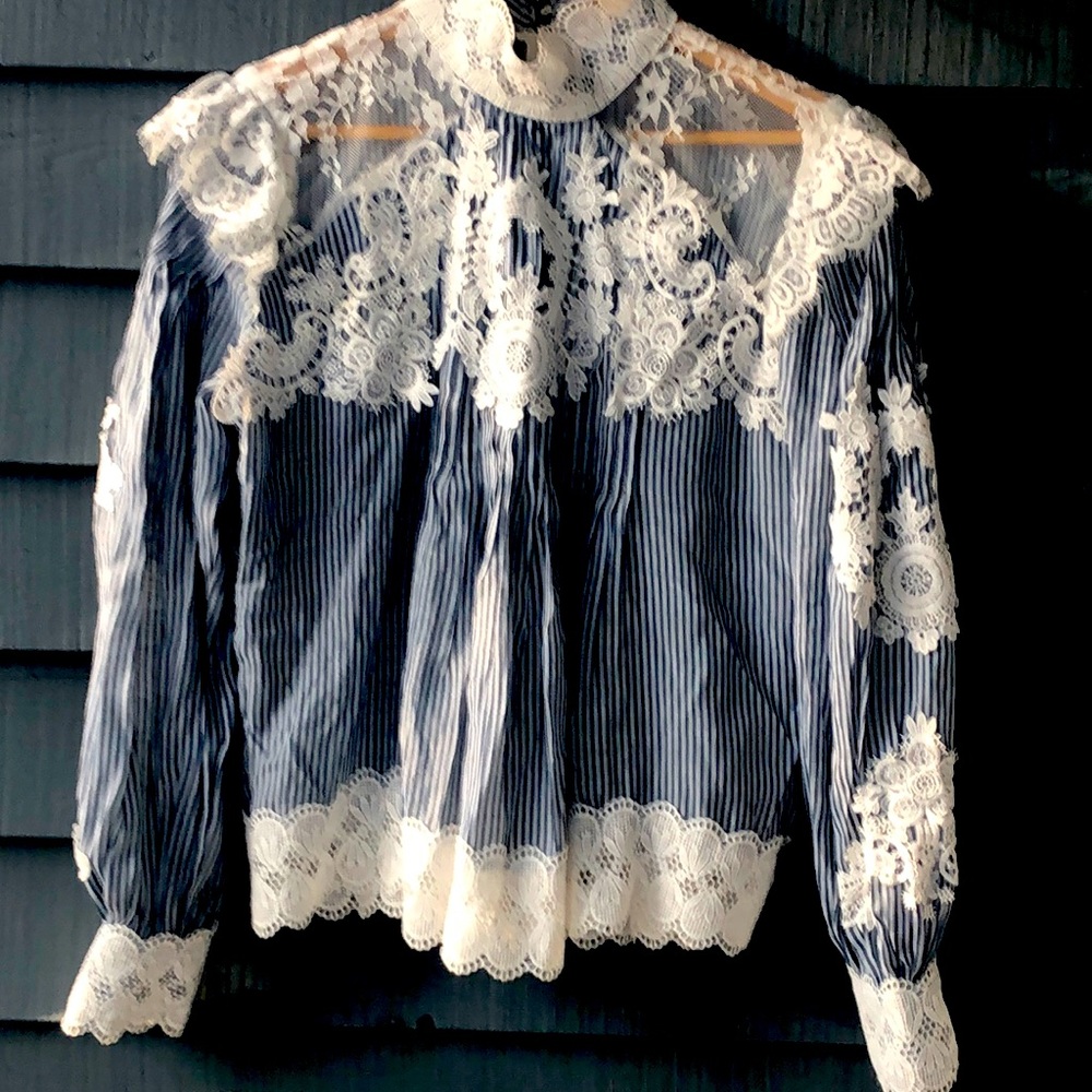 Nanette Lepore Blue and White Lace Blouse